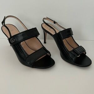Gucci Malaga Kid Nero Double G Strap Closure Leather Slingback Sandals Heels 36